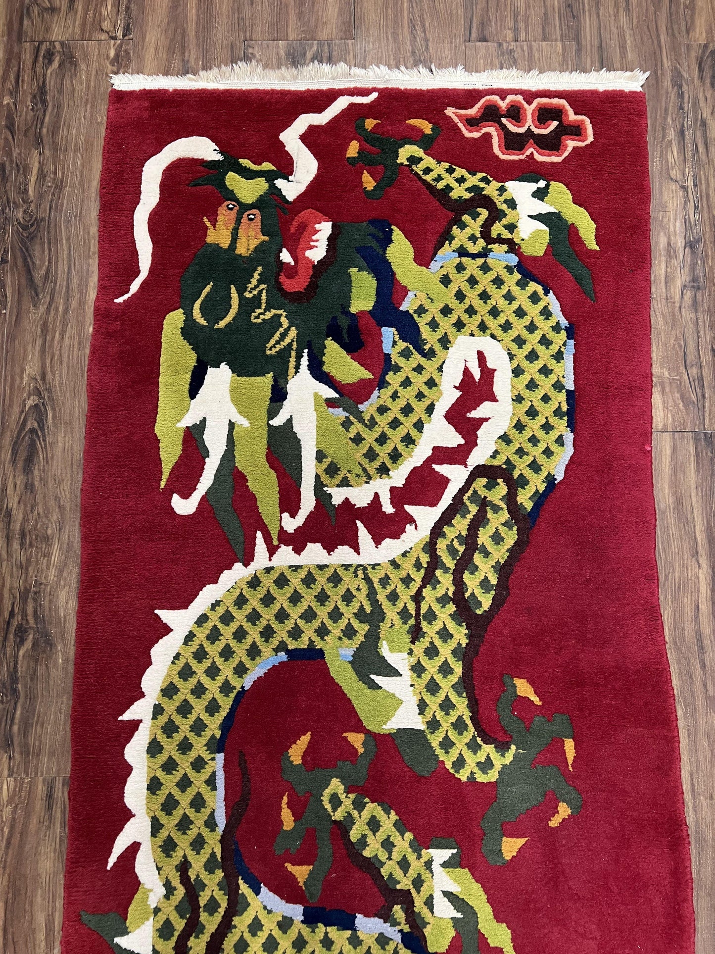 Vintage Chinese Dragon Rug 3x6.8 Handmade Hand Knotted Red Gold Dragon Art Deco Runner