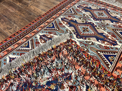 Russian Soumak Rug 6x8 Wool Handmade Antique Kilim Carpet Multicolor Geometric Medallions Caucasian Rug