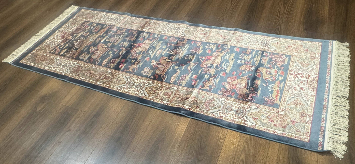 Turkish Silk Rug Runner 2.6 by 6.7 Blue Ivory Bamboo Silk Contemporary Design