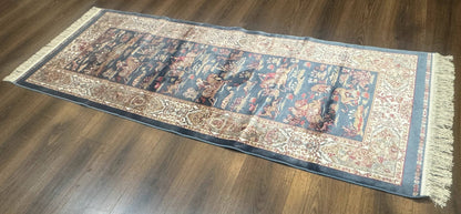 Turkish Silk Rug Runner 2.6 by 6.7 Blue Ivory Bamboo Silk Contemporary Design