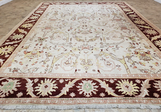 Peshawar Rug Hand Knotted Handmade Wool Oushak Style 10x15 Beige and Maroon Living Room Rug