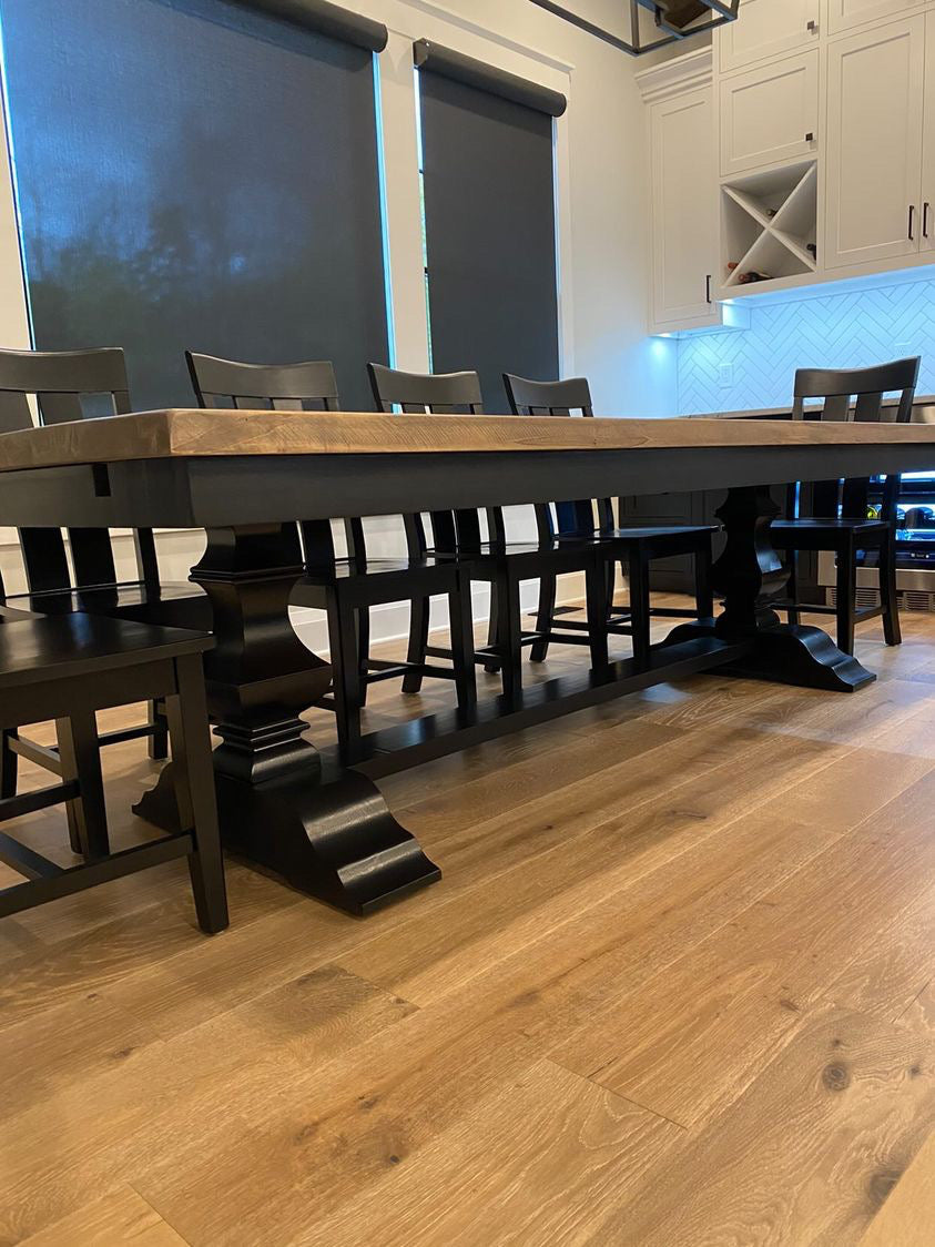 Herringbone Dining Table In Solid Wood With Custom Finish And Distressing Options