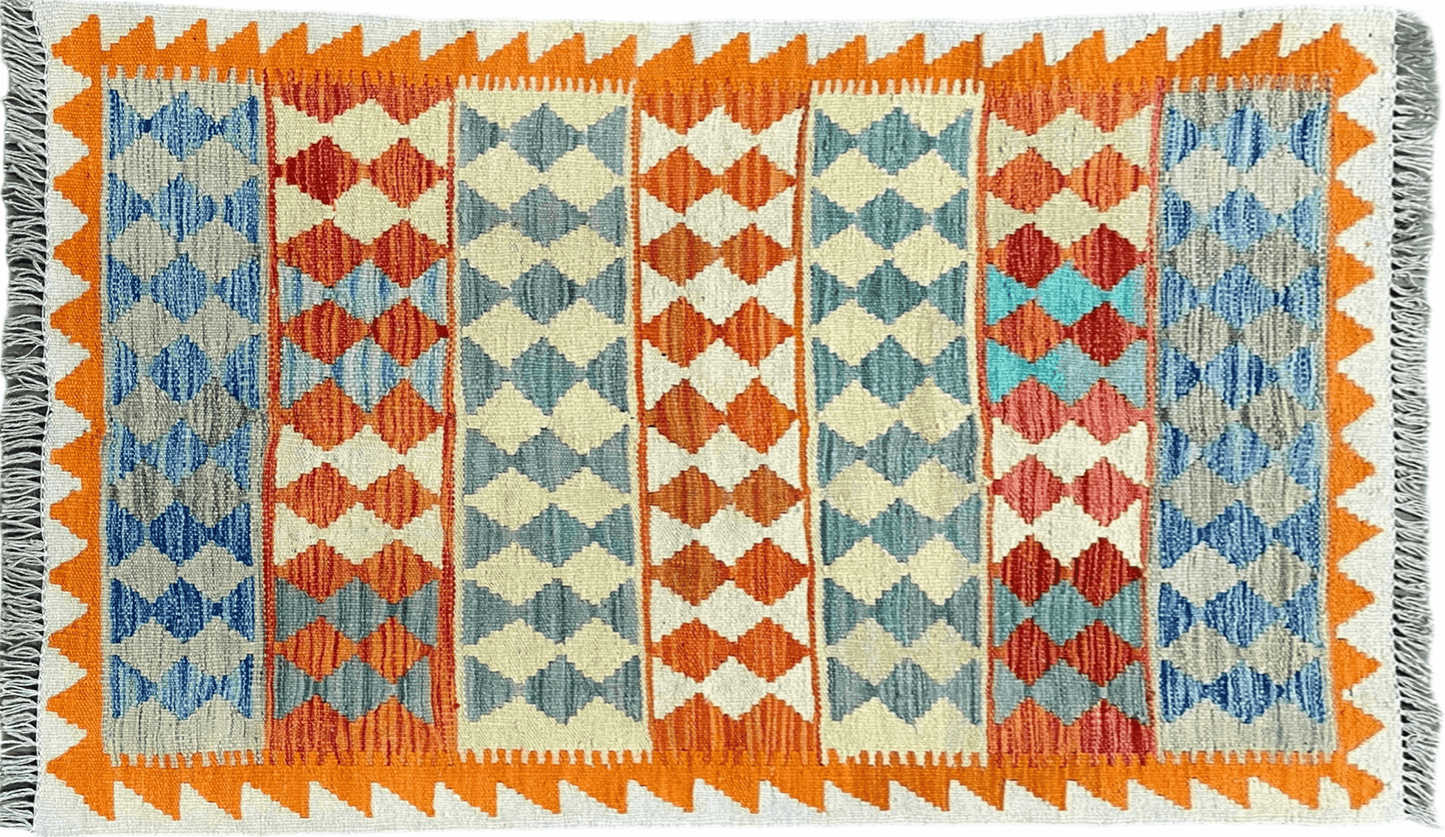 Chobi Kilim Rug 3x4 Colorful Diamond Pattern Turkish Wool Flatweave Handmade