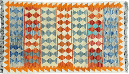 Chobi Kilim Rug 3x4 Colorful Diamond Pattern Turkish Wool Flatweave Handmade