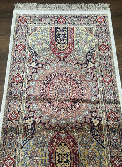 Turkish Silk Runner Rug 2.6x10 Dome Design Hereke Bamboo Silk Classic Runner