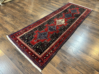 Senneh Runner Rug Persian Kurdish Handmade Wool 3x9 9ft Medallion Red Navy Blue Hallway Kitchen