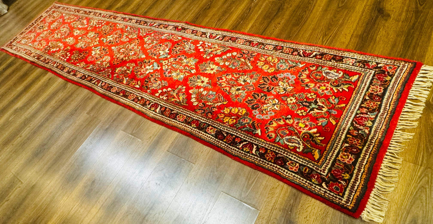 Persian Sarouk Runner Rug 3x12 Vintage Wool Red Floral Design
