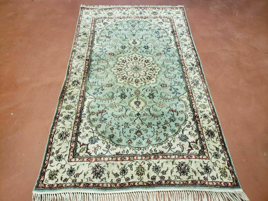 Silk Turkish Kayseri Rug 3x5 Ft Vintage Hand Knotted Floral Medallion Carpet Mint Green Ivory