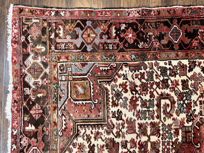 Persian Heriz Rug 10x13 Handmade Wool Hand Knotted Red Cream Geometric Tribal Semi Antique Carpet
