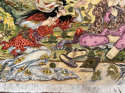 Persian Tabriz Pictorial Rug Hand Knotted Wool 5x3 Hafez Poetry Border