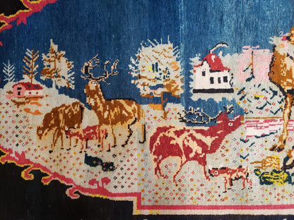 Antique Persian Pictorial Rug Hand Knotted Wool Carpet 4ft 6in By 9ft Blue Roses Caucasian