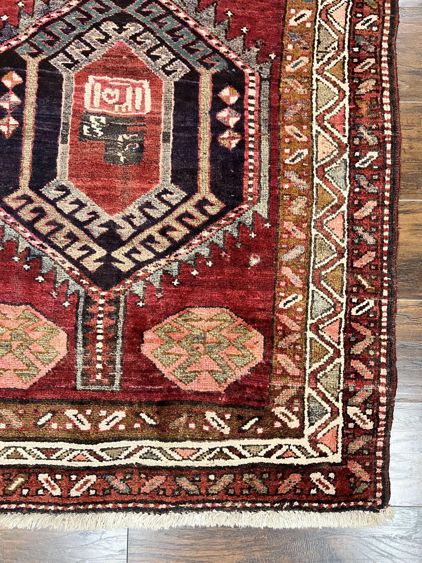 Persian Heriz Runner Rug 3.8 By 8.6 Hand Knotted Wool Geometric Triple Medallions Hallway Decor