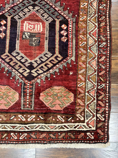 Persian Heriz Runner Rug 3.8 By 8.6 Hand Knotted Wool Geometric Triple Medallions Hallway Decor