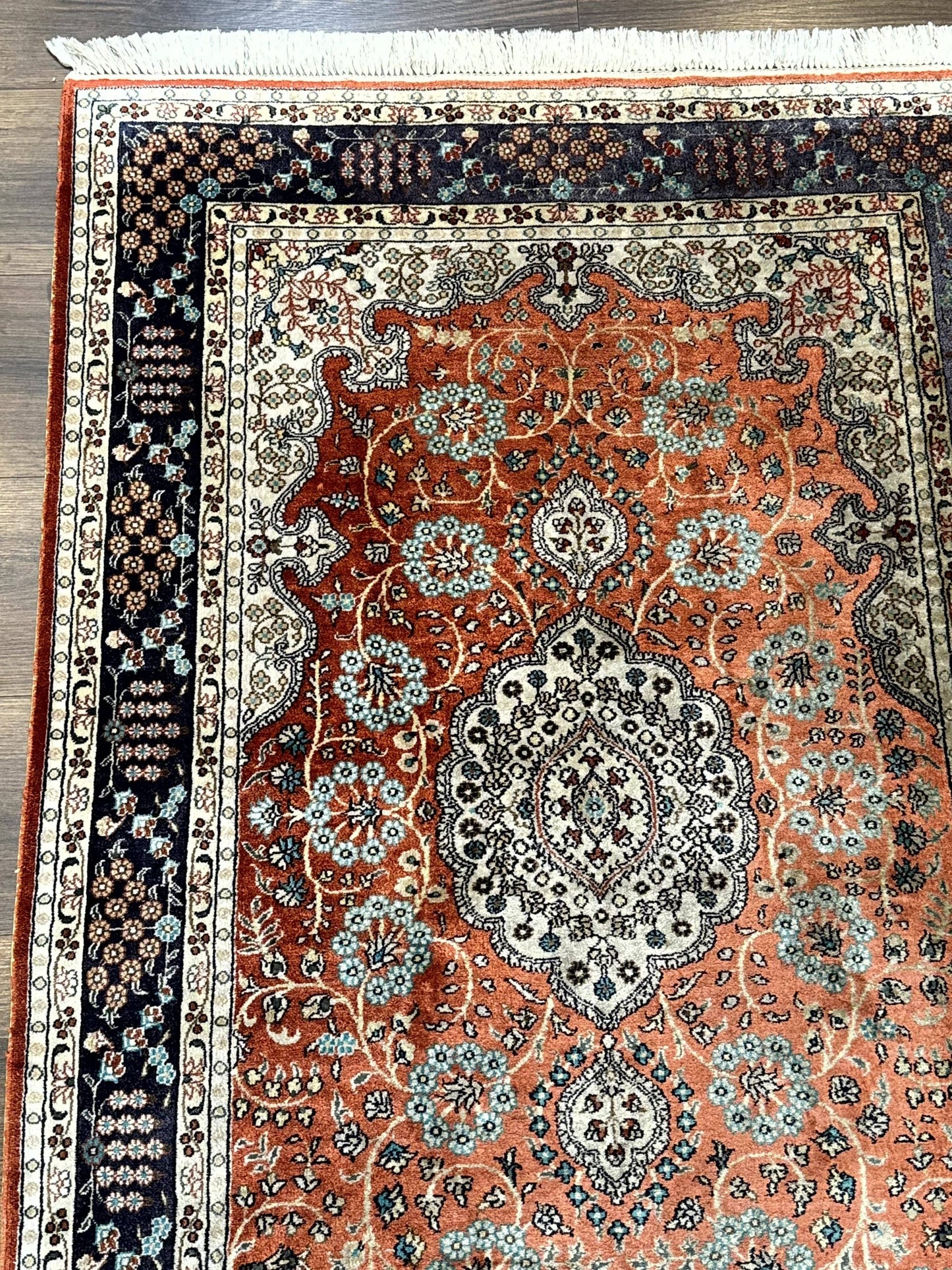 Turkish Silk Runner Rug 3x8 Hand Knotted Red Floral Medallions Vintage Kayseri