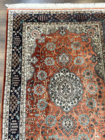 Turkish Silk Runner Rug 3x8 Hand Knotted Red Floral Medallions Vintage Kayseri