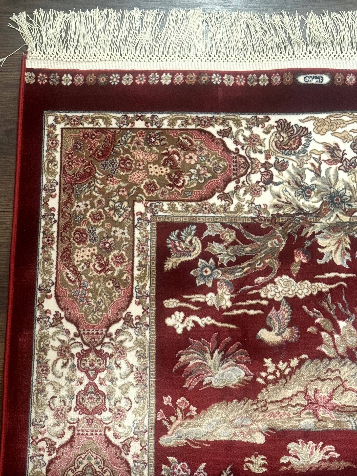 Turkish Silk Rug Runner 2.6 By 6.7 Red Ivory Hunting Design Bamboo Silk Contemporary