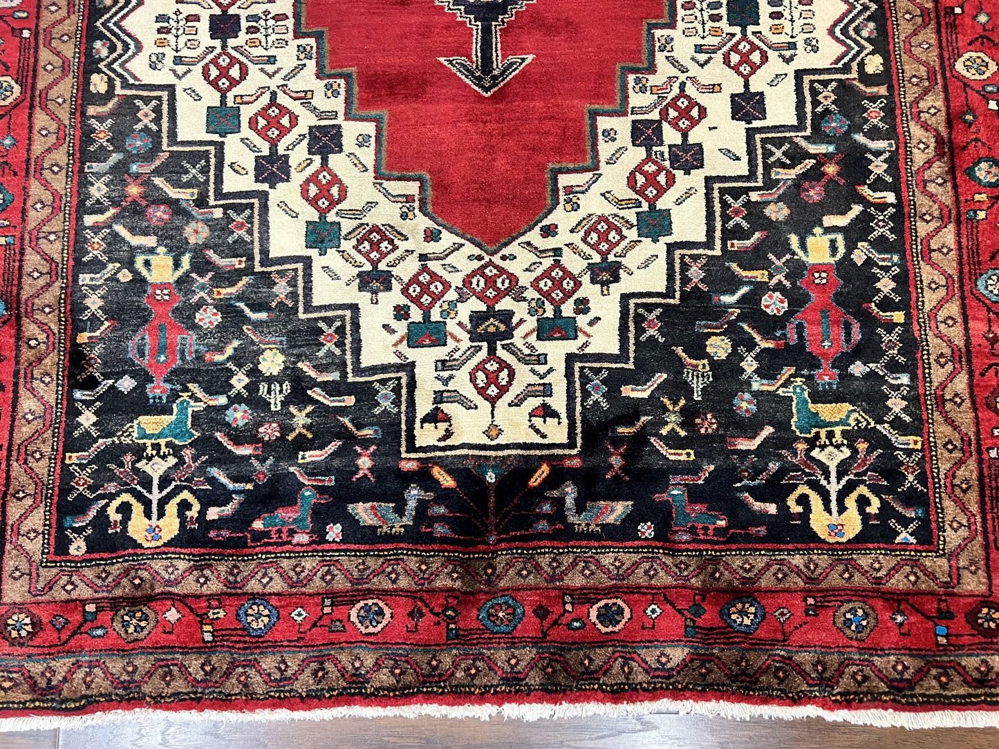 Persian Rug Hand Knotted 5x12 Ft Red Cream Navy Bidjar Geometric Runner