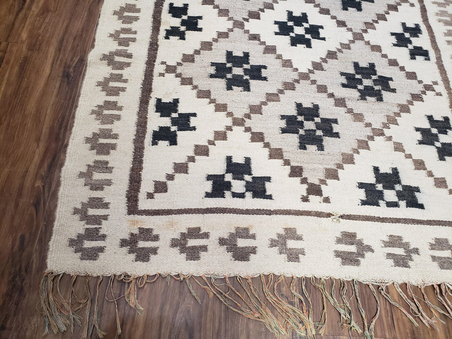 Semi Antique South American Handwoven Wool Kilim Rug 4x8 Runner Diamond Panel