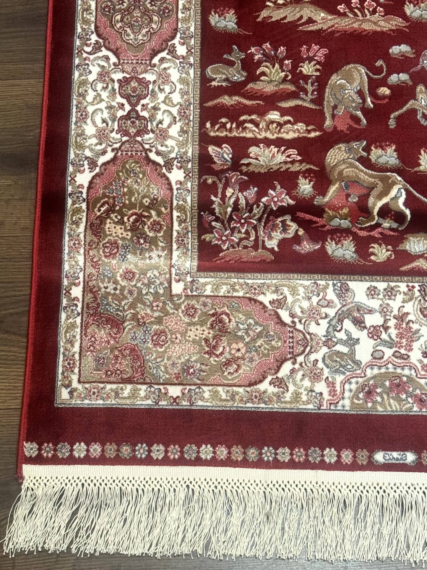 Turkish Silk Rug Runner 2.6 By 6.7 Red Ivory Hunting Design Bamboo Silk Contemporary