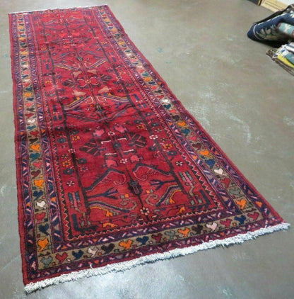 Antique Persian Hamadan Runner Handmade Wool Rug Red And Navy