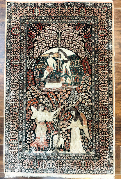 Sino Persian Pictorial Rug Garden Of Eden Adam And Eve Tree Of Life Design Silk Hand Knotted 580 KPSI Masterpiece 2.7x4