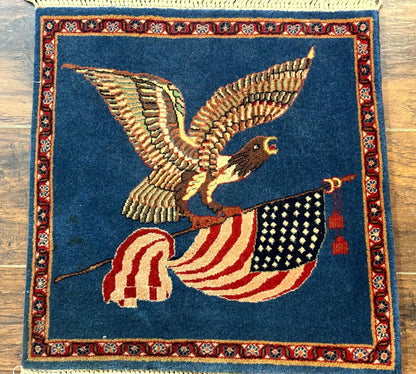 American Flag Bald Eagle Pictorial Rug Indo Persian Handmade Wool Hand Knotted