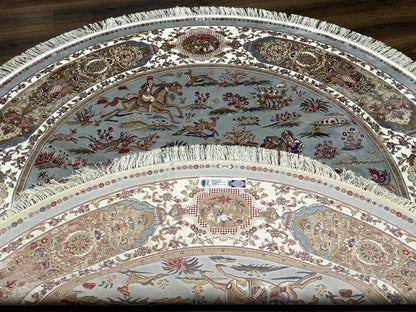 Round Silk Rug 6x6 Bamboo Silk Hunting Design With Animal Pictorials