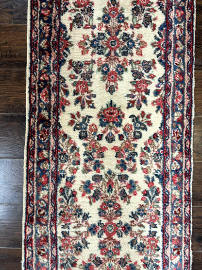 Persian Sarouk Runner Rug Handmade Wool Floral Hallway Ivory