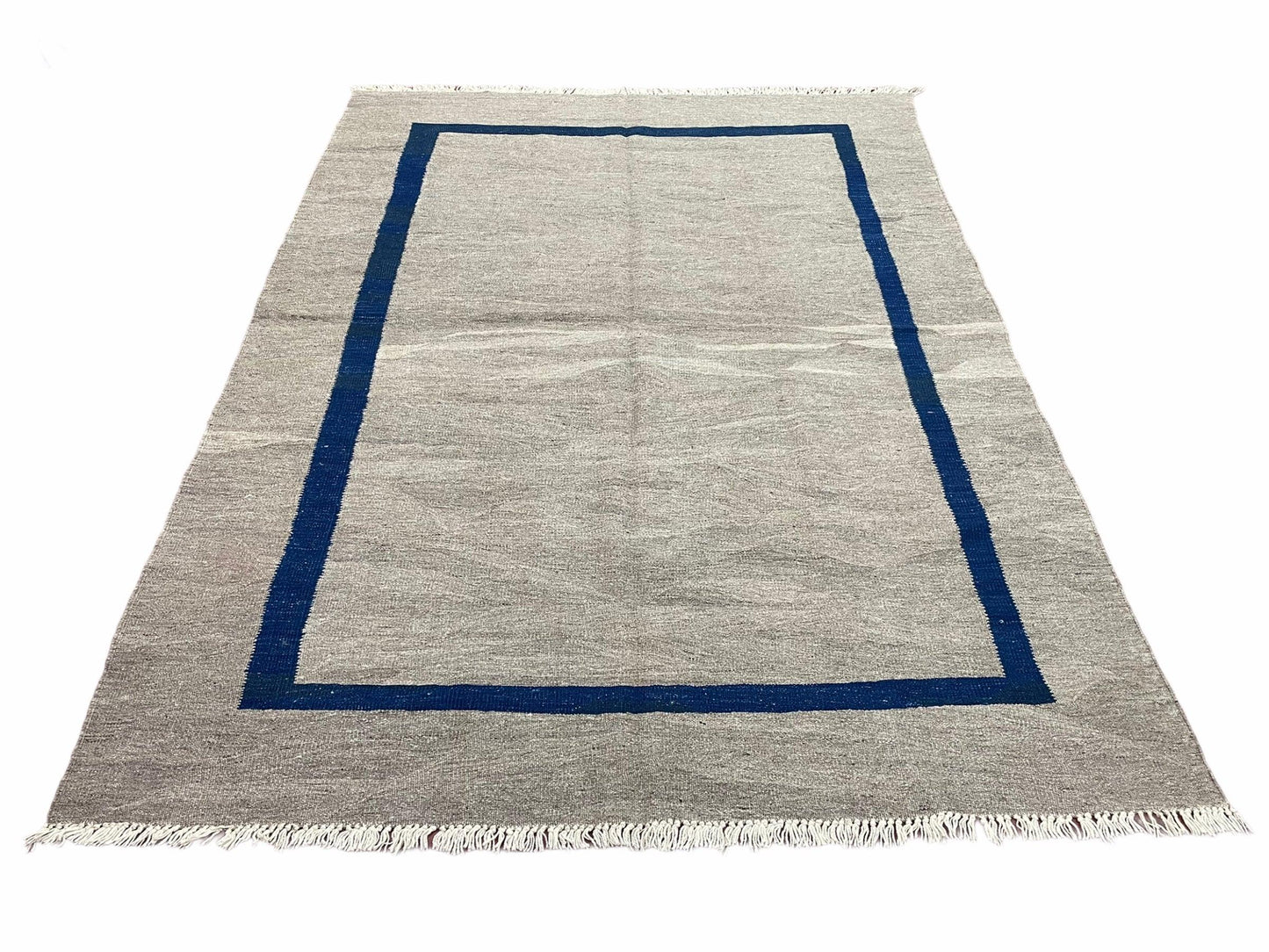 Turkish Kilim Rug Geometric Wool Handcrafted 5 Feet 7 Inches By 7 Feet 9 Inches Gray Blue