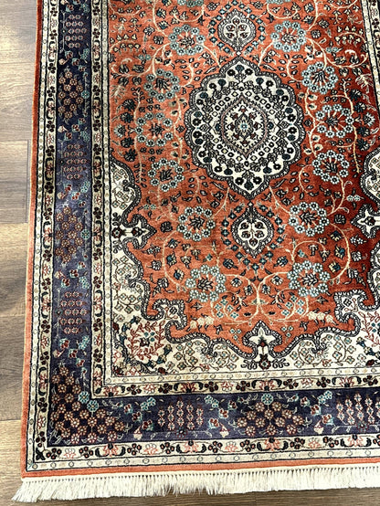 Turkish Silk Runner Rug 3x8 Hand Knotted Red Floral Medallions Vintage Kayseri