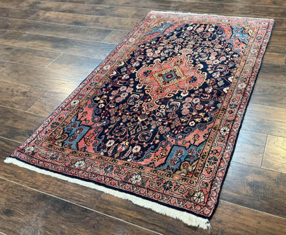 Sarouk Persian Rug Jozan 3x5 Navy Blue And Coral Medallion Handmade Wool