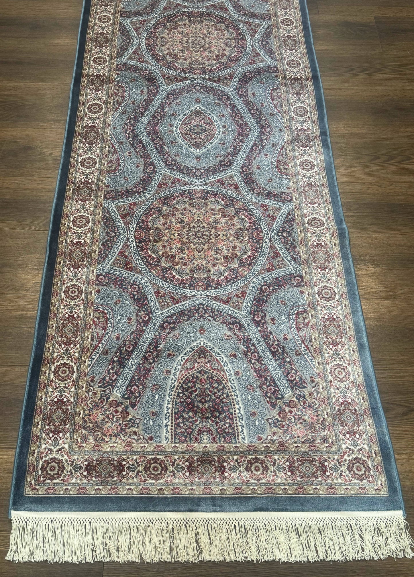 Turkish Silk Runner Rug 2.6 By 10 Feet Bamboo Silk Hereke Contemporary Light Blue