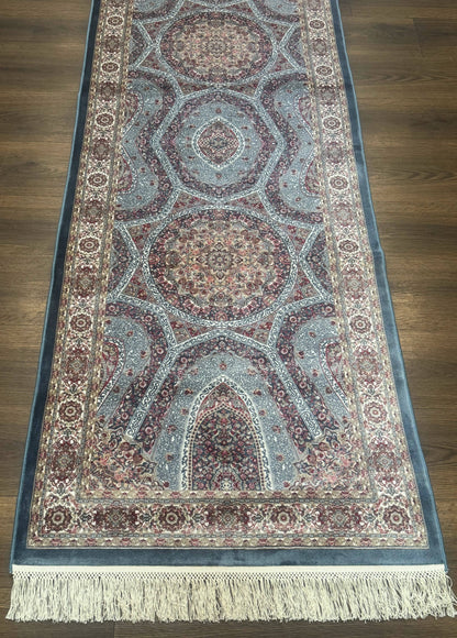 Turkish Silk Runner Rug 2.6 By 10 Feet Bamboo Silk Hereke Contemporary Light Blue