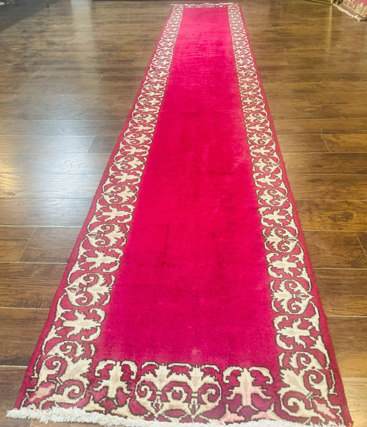 Red Persian Kerman Runner Rug 3x16 Handmade Wool Vintage Hand Knotted