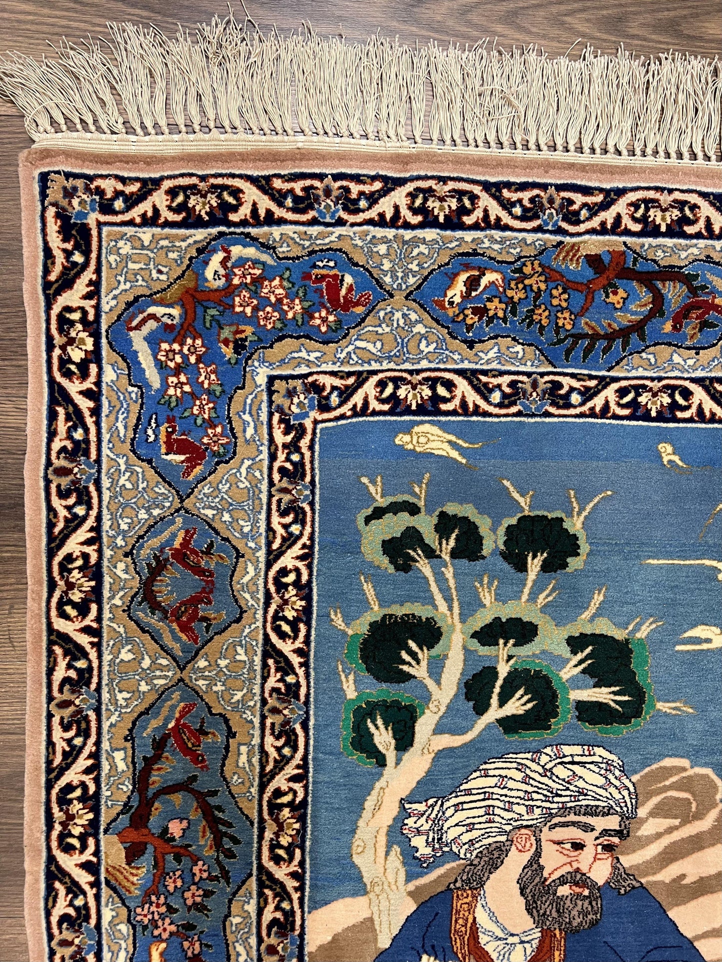 Isfahan Pictorial Rug Fine Persian Hand Knotted Blue Silk Foundation 3.7 x 5 Semi Antique