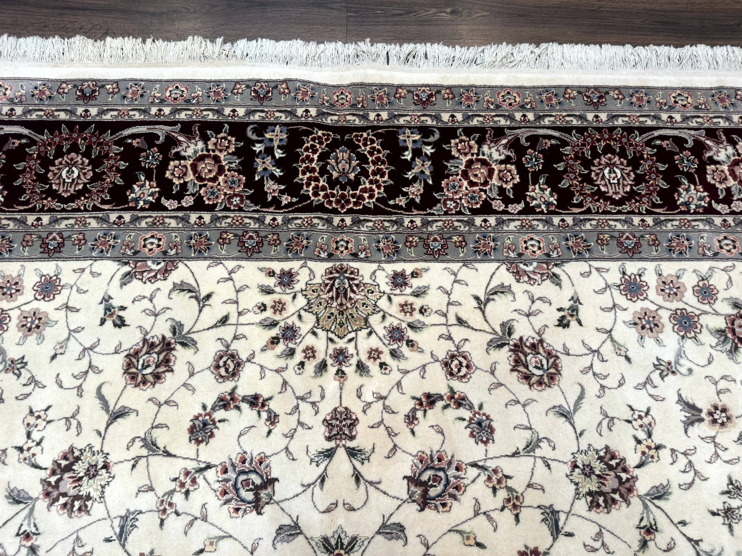 Sino Persian Rug 9x12 Hand Knotted Wool Silk Highlights Floral Allover Ivory And Dark Maroon