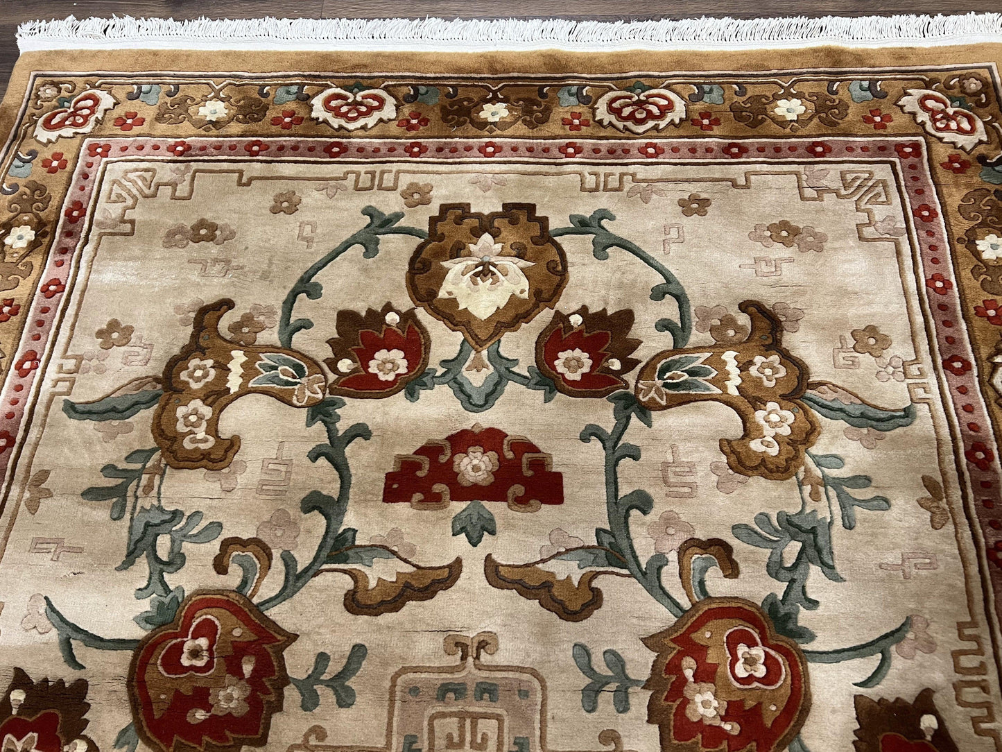 Chinese Wool Rug Hand Knotted Vintage Oriental Medallion Area Rug Pair Tan And Brown