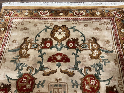 Chinese Wool Rug Hand Knotted Vintage Oriental Medallion Area Rug Pair Tan And Brown