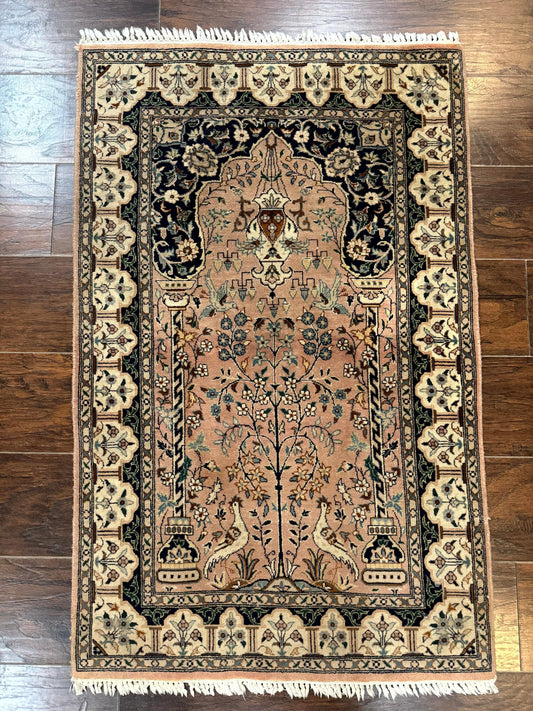 Tree Of Life Prayer Rug Handmade Persian Wool Two By Four Feet Vintage Style Birds Lantern