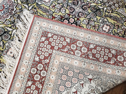 Kashmiri Silk Rug 5x8 Indian Handmade With Gold Threads Luxury Vintage Style