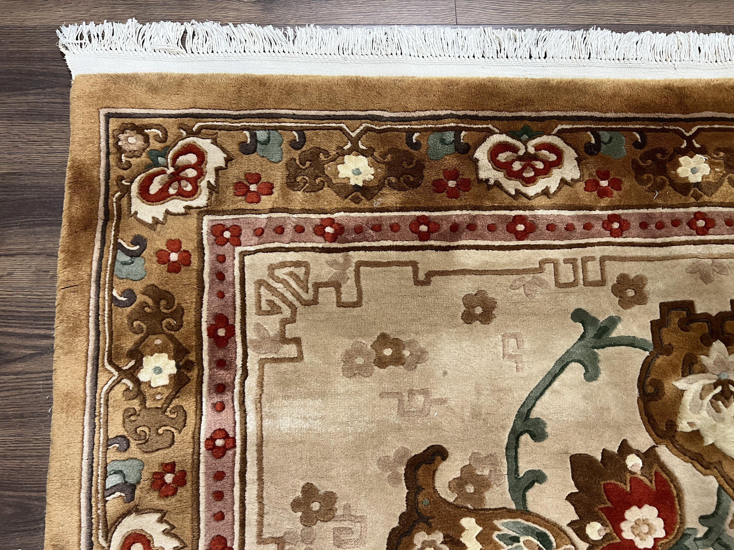 Chinese Wool Rug Hand Knotted Vintage Oriental Medallion Area Rug Pair Tan And Brown