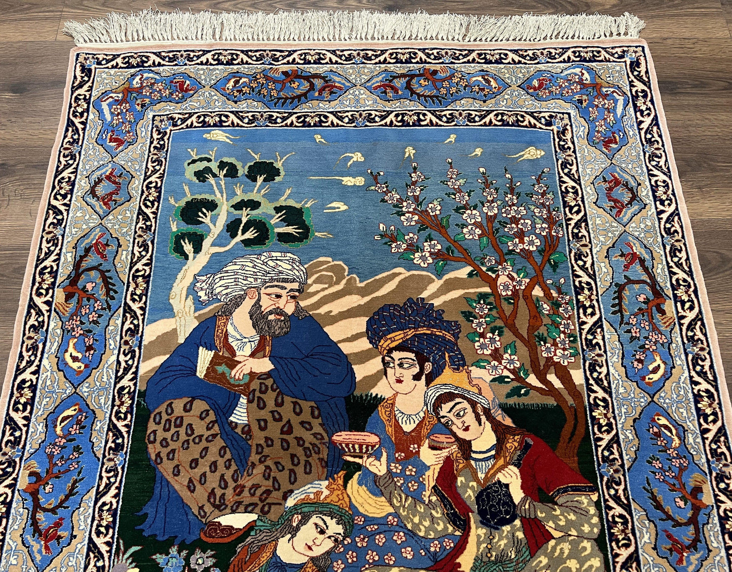 Isfahan Pictorial Rug Fine Persian Hand Knotted Blue Silk Foundation 3.7 x 5 Semi Antique