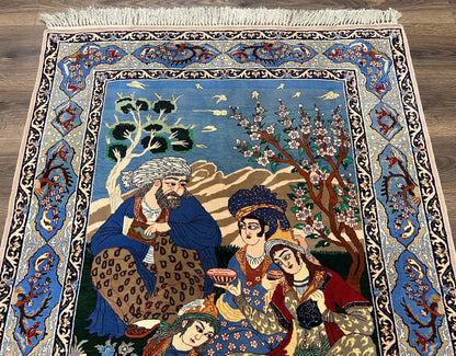 Isfahan Pictorial Rug Fine Persian Hand Knotted Blue Silk Foundation 3.7 x 5 Semi Antique