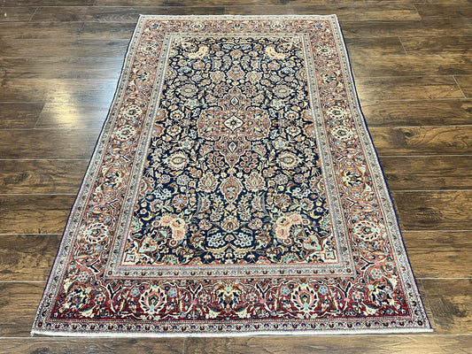 Persian Kashan Rug 4x7 Floral Medallion Handmade Hand Knotted Wool Vintage Semi Antique Carpet