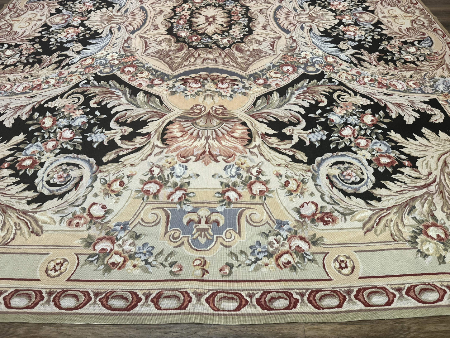 Elegant Aubusson Needlepoint Rug 10x14 Wool Floral European Design