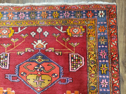 Persian Karajeh Runner Rug Antique Hand Knotted Wool 4.4 By 11 Ft Red Geometric Medallion