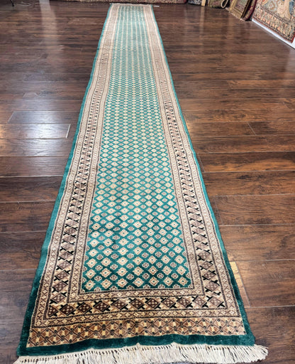 Pakistani Runner Rug 2.8 X 20 Hand Knotted Vintage Wool Turkoman Teal Tan
