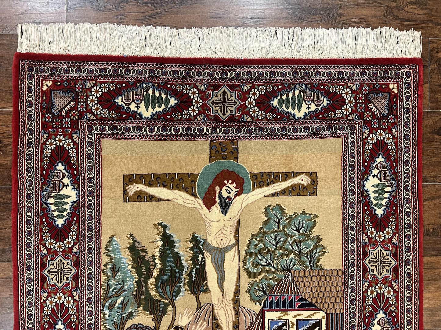 Persian Kashan Pictorial Rug 3x5 Jesus On Cross Handwoven Wool