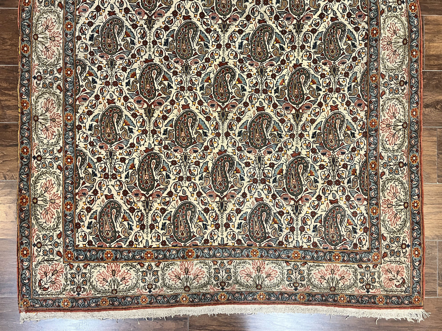 Persian Qum Rug 5x6 Cream Wool Hand Knotted Carpet With Repeated Boteh Paisley Design Semi Antique Vintage