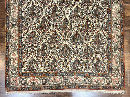 Persian Qum Rug 5x6 Cream Wool Hand Knotted Carpet With Repeated Boteh Paisley Design Semi Antique Vintage